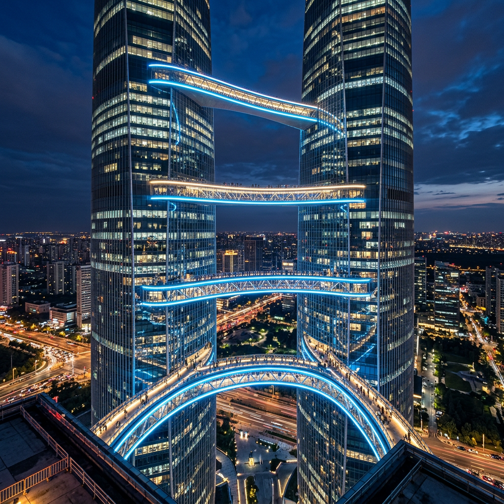Four pedestrian skybridges with blue lighting connect two skyscrapers at night overlooking urban city lights